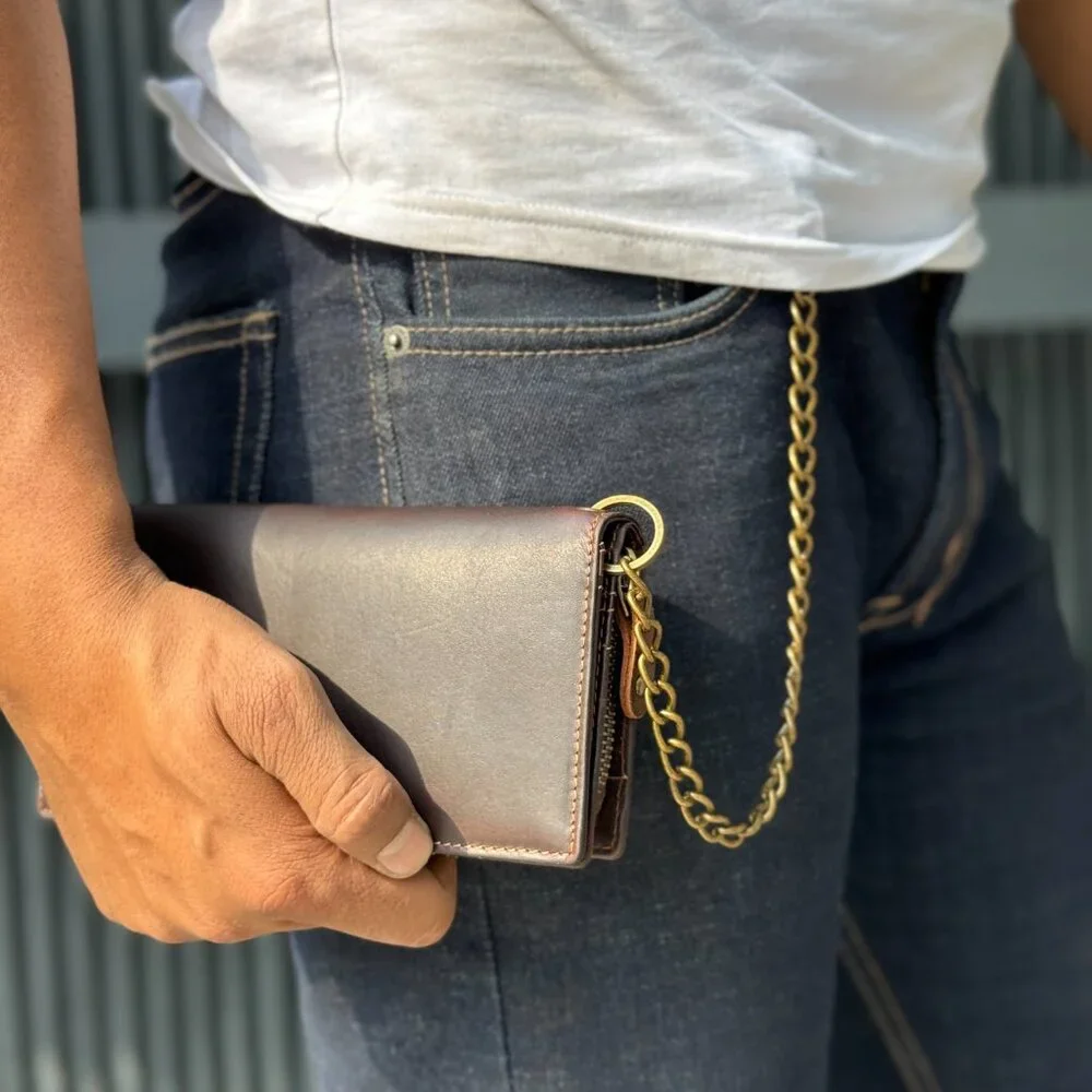 Leather Biker Chain Wallet – RFID Secure Trifold for Men